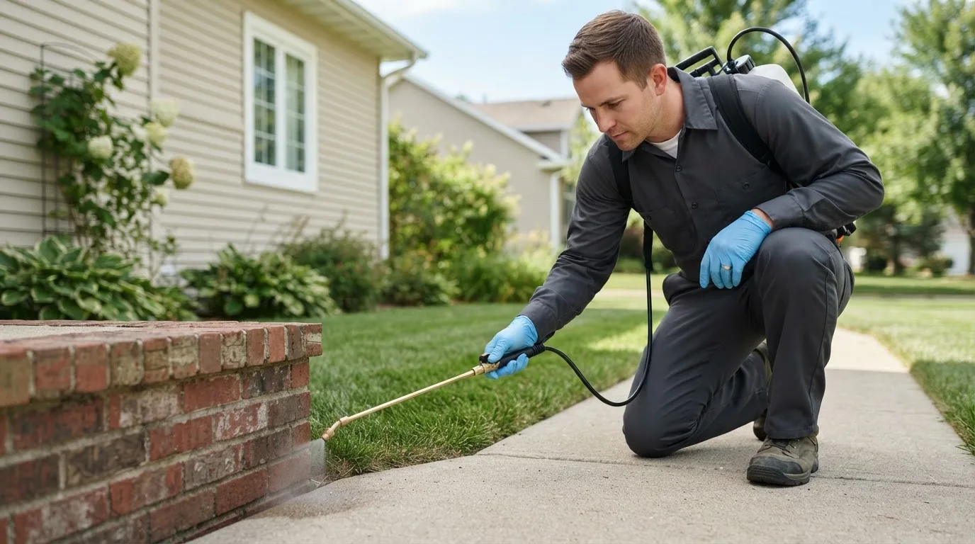 Pest control technician treating a home near Adkins, TX