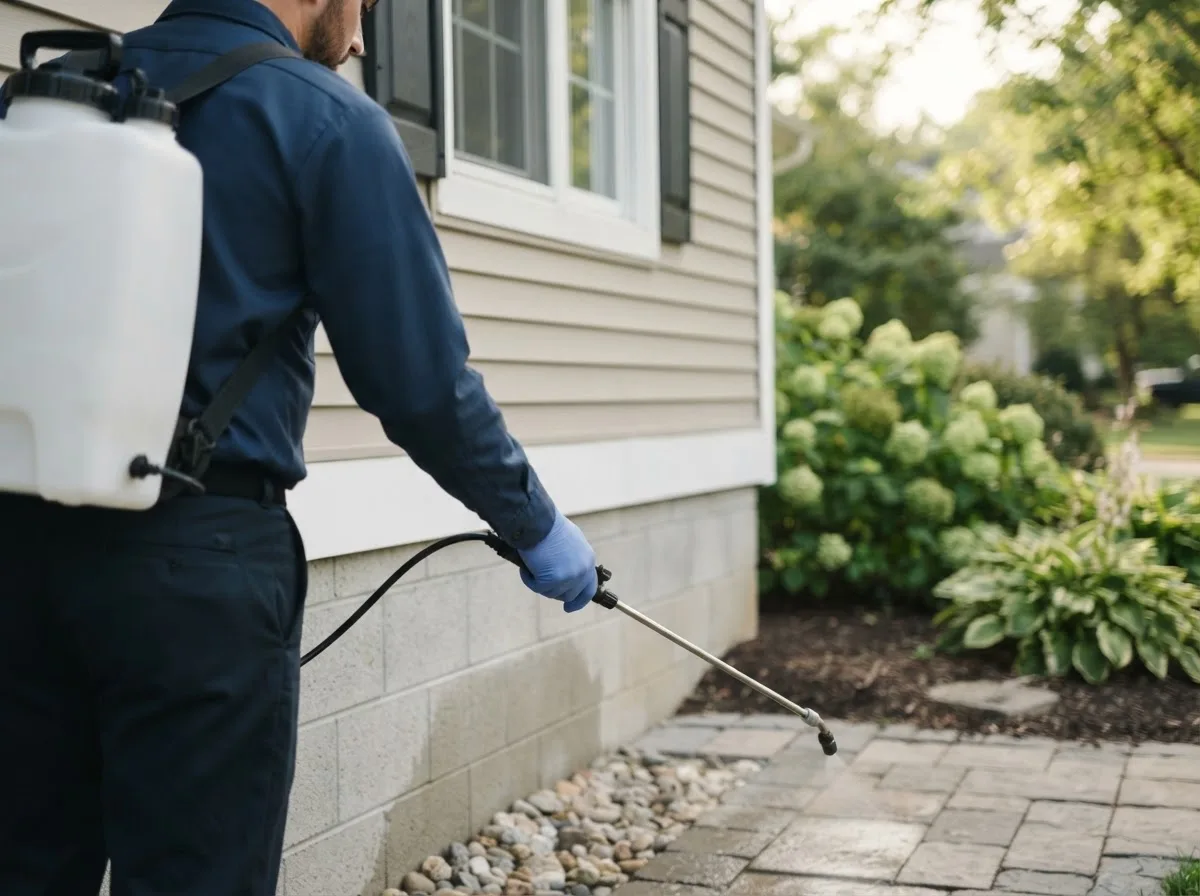 Pest control technician inspecting a home in Adkins, TX